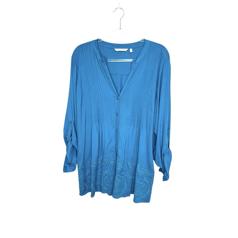 Soft Surroundings Tunic Top Size XL Turquoise Eyelet Trim Button Up Shirt - Picture 2 of 7